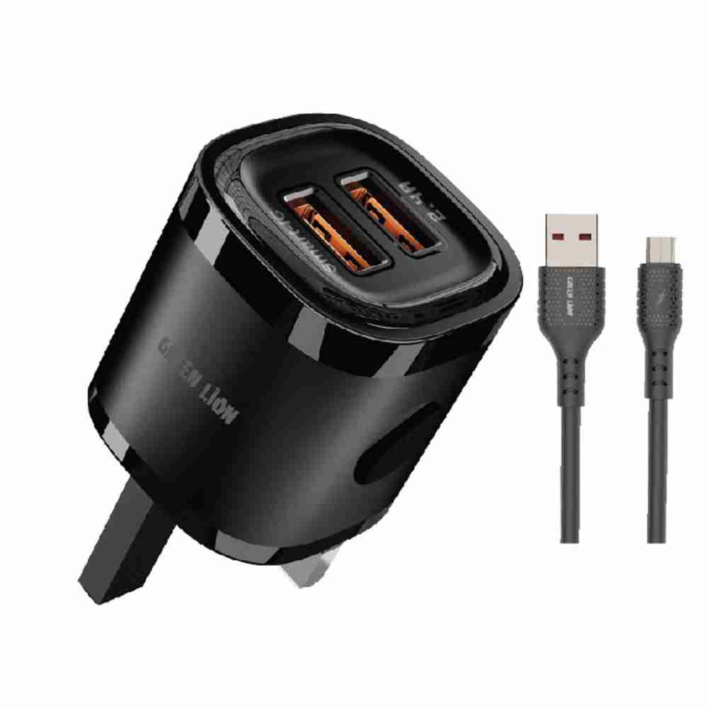 Green Lion 2USB 2.4A Fast Charging +USB Microdata cable 1m Black-Orange