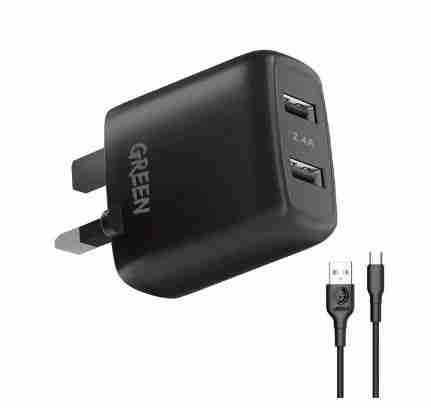 Green Lion Dual USB Port Wall Charger 12W UK with PVC Type-C Cable 1M