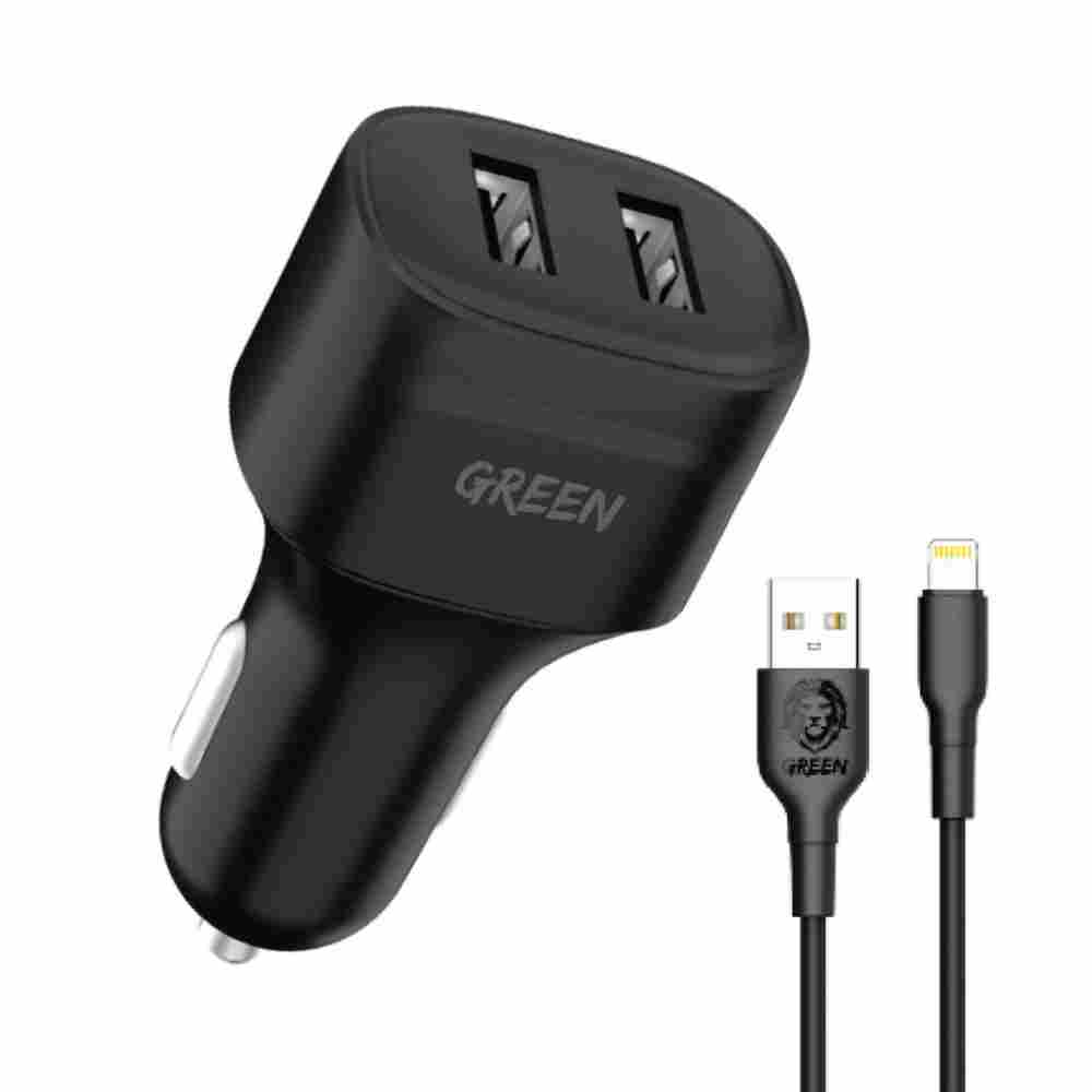 Green Lion Dual Port Car Charger 18W with PVC Lightning Cable 1M - Black